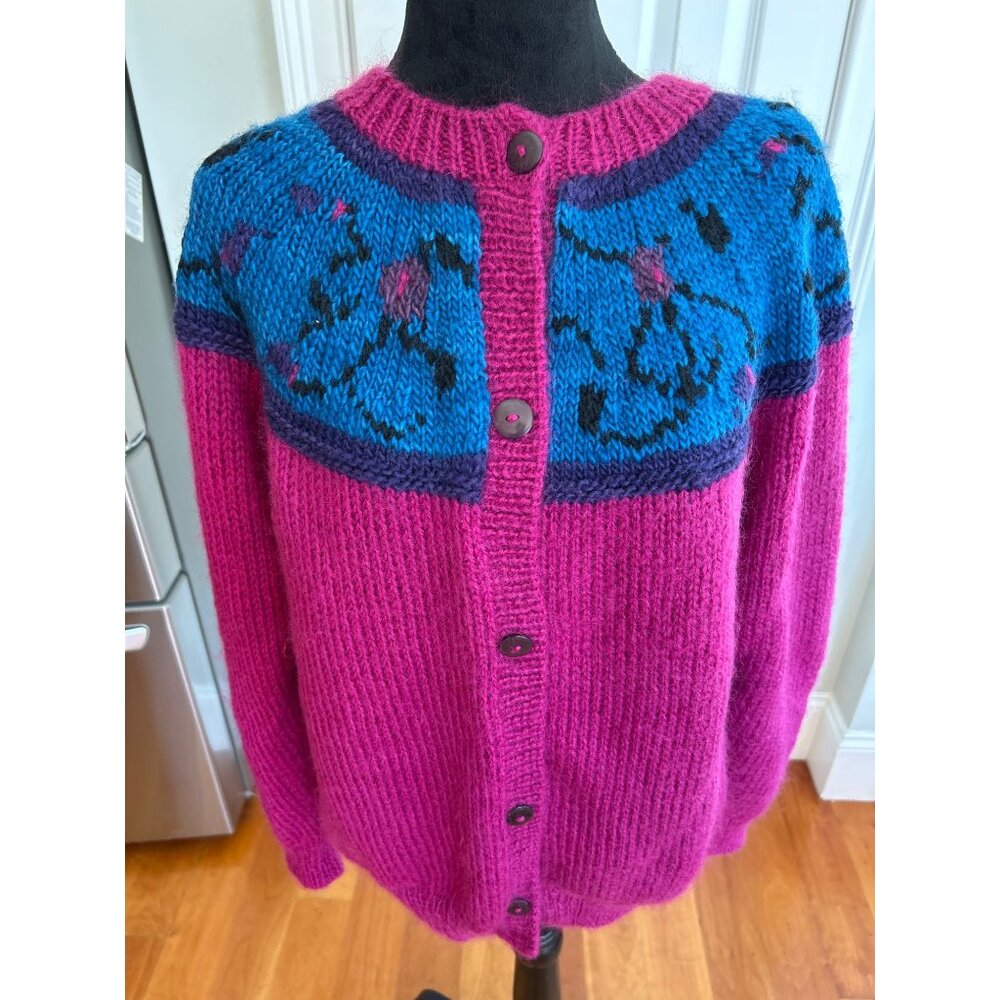 Vtg Manos Del Uruguay Handknit Wool Cardigan Sweater Fuchsia Blue L
